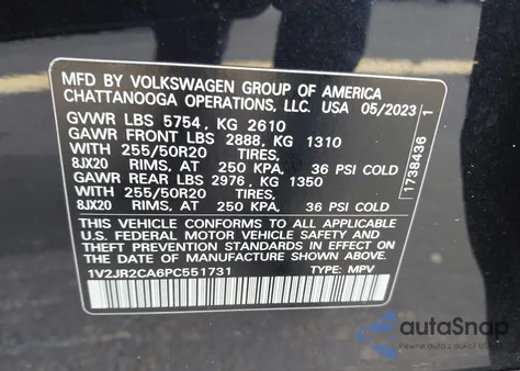 2023 Volkswagen Atlas 3.6L V6 Se W/Technology z USA, uszkodzony, nr VIN 1V2JR2CA6PC551731